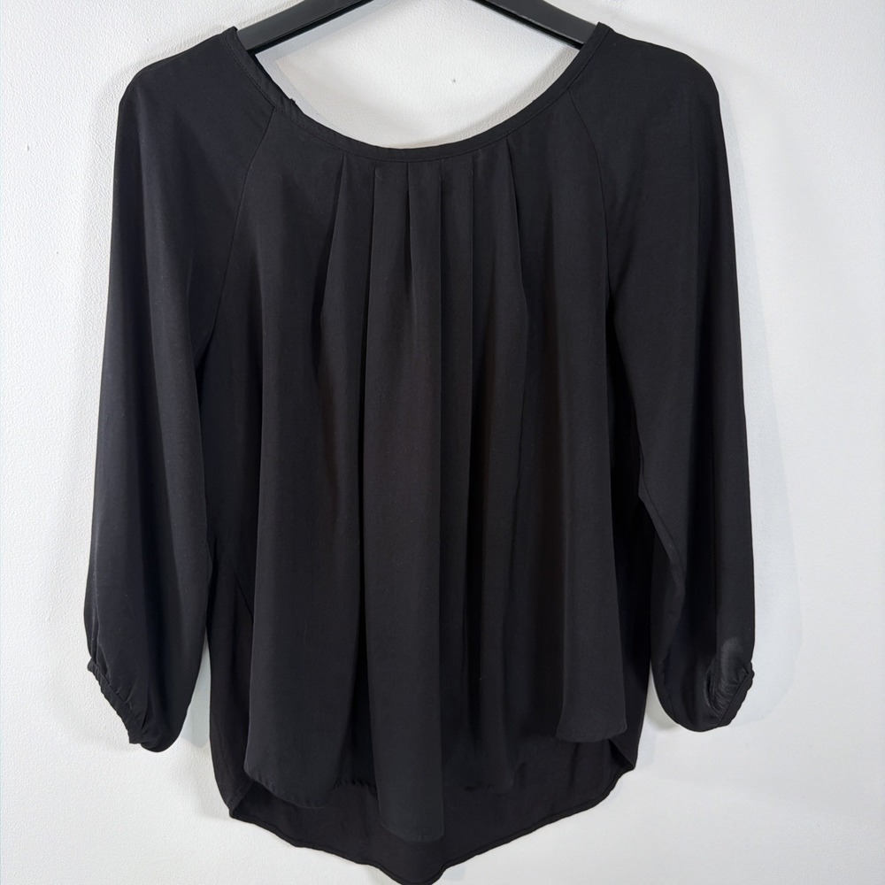 Ann Taylor Loft Medium Long Sleeve Tie Back Black Knit Woven Blouse Top Flowy